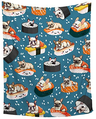 ZHONGKUI Französische Bulldogge und Sushi-Decke, französische Bulldogge und Sushi-Decke, Geschenk, weiche, gemütliche Plüsch-Bettwäsche, flauschige Flanell-Fleece-Decke für Couch, Sofa, Camping, 101,6