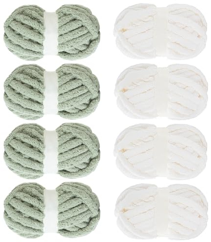 Mabozoo Filati grossi assortiti per uncinetto, confezione da 8: soffice ciniglia, morbido peluche, filato peloso spesso gigante. 4 bianchi e 4 verde salvia (226,8 g ogni matassa)
