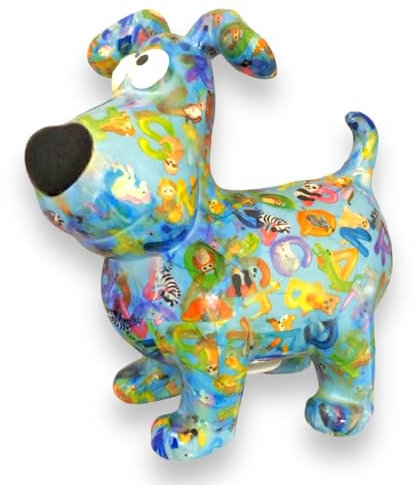 Pomme Pidou Spardose Hund Hugo Buchstaben Motiv in hellblau Sparschwein aus Keramik mit Tiermotiv H20,2 x B10,5 x T19 cm farbenfrohe Sparbüchse als Geschenkidee