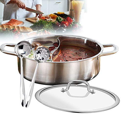 Hot Pot Shabu Topf mit doppelseitiger Trennwand, Edelstahl Suppentopf Kochgeschirr mit Löffel Küche Kochwerkzeug (28CM)
