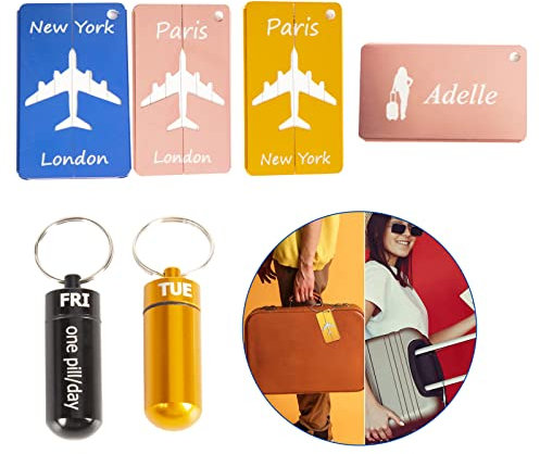 Kofferanhänger, 28 Stück Metall Gepäckanhänger Metallgepäckanhänger Gepäckgepäcklizenzierung Flugzeug Gepäckanhänger aus Metall mit Mini Fläschchen Medikamentenbox Pillenetui für Reisen 6 Farben