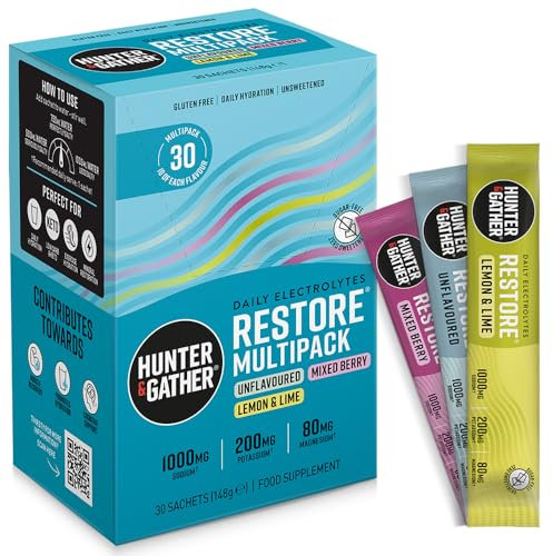 Hunter & Gather Restore Electrolytes Powder Sachets x 30 I Multipack | Sugar Free I 100% Natural Hydration I Optimal Mineral Ratio I with Pink Himalayan Salt I Keto I Scientifically Formulated