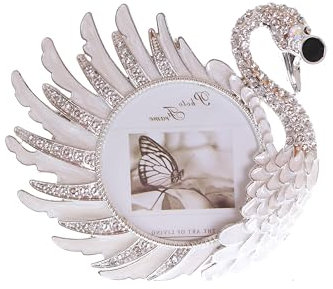 Kawaii-Story BM-xy9966-Links Weiß Metall Bilderrahmen Fotorahmen Luxus Design Schwan Strasssteine Dekoration Fotogröße 10x10cm (4x4 zoll)