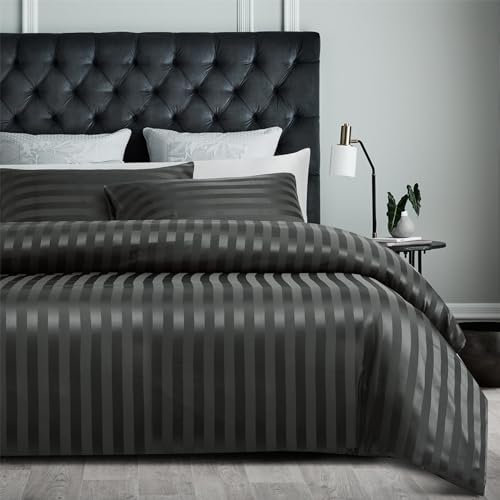 YASMENG Bettbezug, Satin, 240 x 260 cm, Grau, gestreift, glänzend, Deluxe, Bettwäsche, weich, seidig, für Doppelbett, Erwachsene, mit Reißverschluss, mit Kopfkissenbezügen, 65 x 65 cm