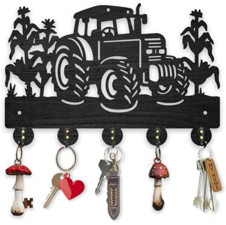 MAYJOYDIY Holz Kleiderhaken Traktor Maisfeld Schlüsselhalter Wandmontage 30 × 20 cm Dekoratives Geschenk Schwarzer Wand Schlüsselhalter Organizer 5 Haken Aus Legierung Für Küche Eingangsbereich