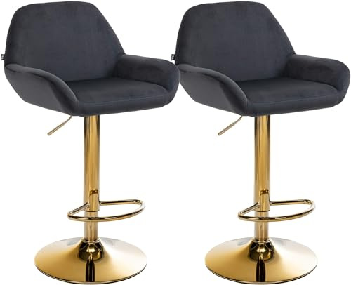 CLP 2er Set Barhocker Braga Samtbezug Gold-Gestell I höhenverstellbar und 360 drehbar I moderner Barstuhl mit Fußstütze für Küche und Bar, Farbe:schwarz