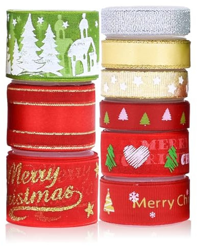 Cinta Navidad 9 Rollos 3 tamaños, Cinta Regalo Navidad, Cinta de Tela de Navidad para Decoraciones de Navidad, Regalo Navidad, Envoltura de Regalos, Cinta Arbol de Navidad, Fiestas
