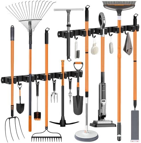 Colgador Escobas y Fregonas, OMerima Soporte Escobas Parede de Acero Inoxidable - 10 Soportes + 8 Ganchos, Cuelga Escobas Parede Sin Necesidad de Perforar, Colgador Escobas de Color Negro (2 Unidades)