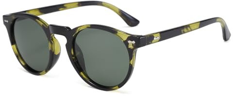 Long Keeper Retro Round Polarised Sunglasses Mens Womens Small Circle Sunglasses Classic Vintage Shades Unisex UV400 Protection Round Sun Glasses (Green Tortoiseshell Frame Green Lens)