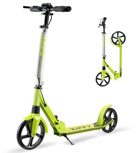 ZIFFY Tretroller Scooter 6–12 Jahre, Schwarz/Grün/Violett, 200mm Räder, ABEC-9, Federung, Faltbarer Aluminiumrahmen, Lenker 79–106 cm, Handbremse, Tragkraft bis 118 kg, Für Kinder & Erwachsene