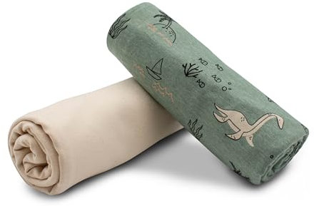 VmG-Store Jerseystoff Set farblich abgestimmt Design + Uni je 0,5mx1,5m 95% Baumwollstoff 5% Elasthan Tex Standard 100 (Dinosaurier Dark Mint + Natural Set47)