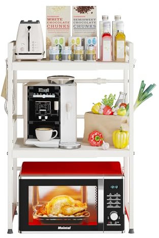 Mointal Erweiterbares Mikrowellen-Regal, 3 Etagen Küche Mikrowellenständer, Kohlenstoffstahl Arbeitsplatte Mikrowellenregal, Küche/Esszimmer/Wohnzimmer, Aufbewahrungs-Organizer mit 8 Haken, Weiß