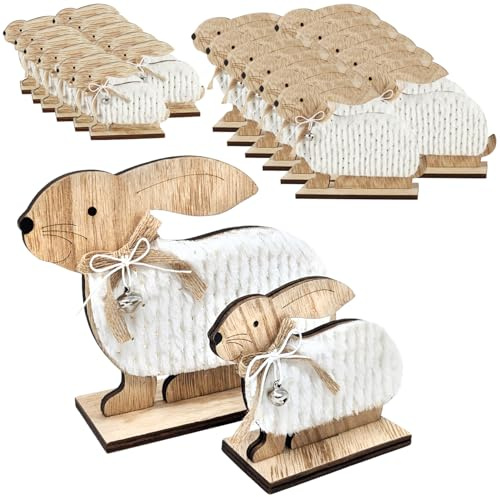 com-four® 24x Deko Aufsteller für Ostern - Kleiner und großer Osterhase hockend - Osterdeko zum Hinstellen - Osterdekoration aus Holz (24 Stück - weiß/braun)