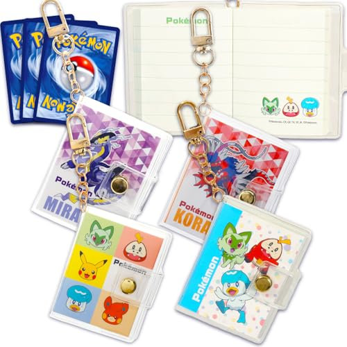 Pokemon Mini Diary Set for Kids - Bundle with 4 Mini Notebook Keychains Featuring Pikachu, Koraidon, Sprigatito, More Plus Trading Cards Notebook Journal Boys, Girls