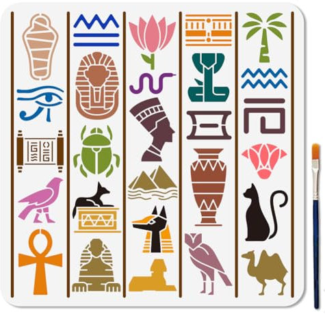 MAYJOYDIY Altägyptische Schablone 30 × 30cm Pharao Pyramide Malschablone Wiederverwendbar Ägyptische Hieroglyphen Vorlage DIY Bastelarbeit Zum Malen Auf Holzmöbeln Leinwand Wanddekoration