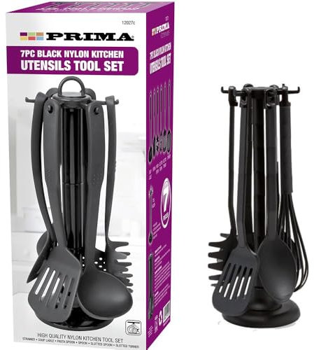 Kitchen Utensils Set Black Nylon Cooking Tools for Non Stick Spatula Set Includes Strainer Soup Ladle Solid Spoon Pasta Server Slotted Spoon and Turner and Tool Holder for Frying Serving Baking (7Pc)