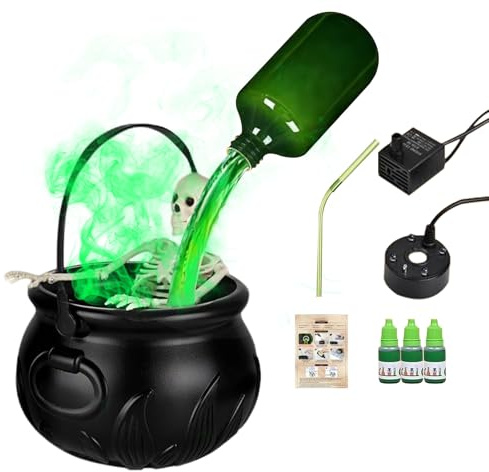 Halloween-Hexenkessel, LED-Nebelmaschine, schwarzer Hexenkessel-Diffusor mit schwimmenden Zaubertrankflaschen und Skelett, Halloween-Dekoration für Haus, Terrasse, Garten, Rasen und Außenbereich