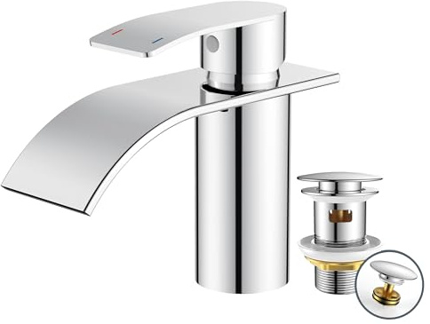 FORIOUS Wasserhahn Bad mit Ablaufgarnitur, Edelstahl Wasserfall Waschbeckenarmatur mit Auslaufhöhe 80MM, Einhebel-Mischbatterie für Kaltes und Warmes Wasser im Badezimmer