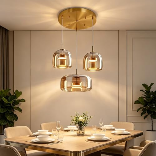 MyLjp Hängelampe Esstisch Moderne Pendelleuchte LED Hängend Lampe Glas Hängeleuchte Höhenverstellbar Für Esstischlampe Wohnzimmer Küchen Und Schlafzimmer Bar Kronleuchter(Gold,C-66cm)