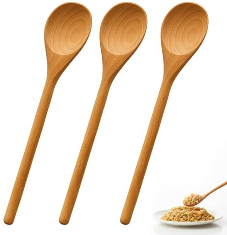 3Pcs Wooden Spoons for Cooking, Long Handle Wooden Spoons | Natural Wood Long Handle Round Spoons,Wooden Cooking Spoon,Reusable Wooden Kitchen Spoons for Eating Mixing Stirring with Box