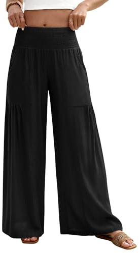 heekpek Leinenhose Damen Sommer Elegante Weite Stoffhose Sommerhosen Leicht Luftig Chinohose Lockere Hose High Waist Strandhose mit Plissee Breitem Bund, Schwarz, L