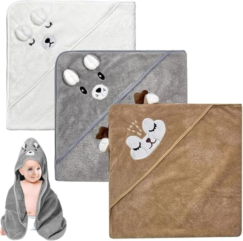 3 Stücke Kapuzenhandtuch Baby - 80 x 80cm Baby Handtuch Kapuze Niedliches Handtücher mit Kapuze Kapuzenhandtuch Babys Weich & Super Saugfähig für Babys Neugeborene Kinds Handtücher (Weiß, Braun, Grau)