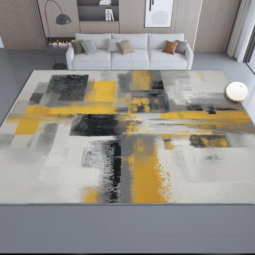Waschbarer Läufer Abstrakte geometrische Farbblöcke Teppich Eingangsbereich Innen Fussmatte 120 x 180 cm rutschfest Weich Kurzflor für Küchen Schlafzimmer Eingang Badezimmer Senfgelb Grau