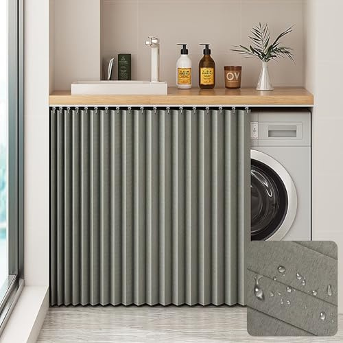 Schrank Vorhang mit Schiene, Schrankvorhang zum Schieben Selbstklebend, Schrank Vorhang Klett, Wasserdicht Leinen Schrankvorhänge Regal für Küche, Staubdichter Blackout Curtains, Grau, H120cm/W80cm