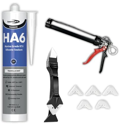 Bond-It HA6 Marine Silicone Sealant Clear 310ml, UV & Saltwater Resistant, Bundled With Caulking Gun, 3-In-1 Silicone Tool Remover And Finisher, Clear Sealant