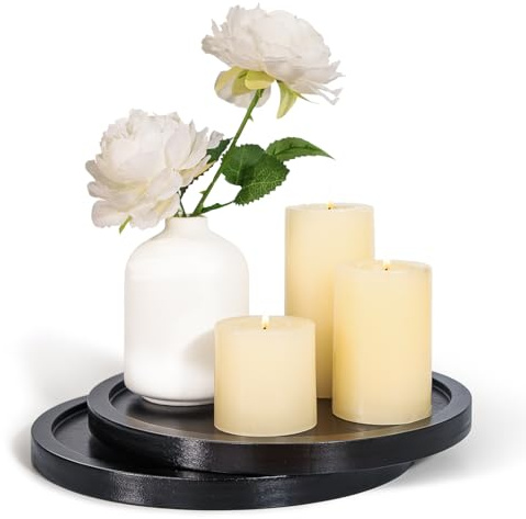 WLWNWFT Black Round Decorative Tray Wood for Coffee Dining Table Countertop Set of 2, Candle Trays Serving Trays for Kitchen Home Living Room Decor Bathroom Candle Holder Centerpiece Tray