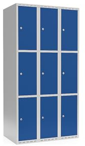 kaiserkraft | 3er-Schließfachschrank Fydor | 3 Abteile | lichtGrau/Enzianblau | B 900 mm | Flache Dachform | Zylinderschloss
