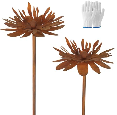 Set di 2 decorazioni in ruggine per giardino, decorazione da giardino in ruggine con guanti, picchetto da giardino in metallo, fiore crisantemo, decorazione da giardino per esterni, resistente alle