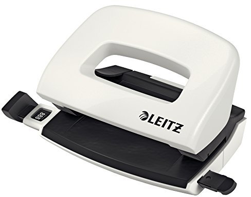Leitz Mini Locher aus Metall, kleiner Locher für 10 Blatt, Metall, Anschlagschiene mit Formatangaben, Ergonomisches Design, weiß, WOW-Serie, 50601001