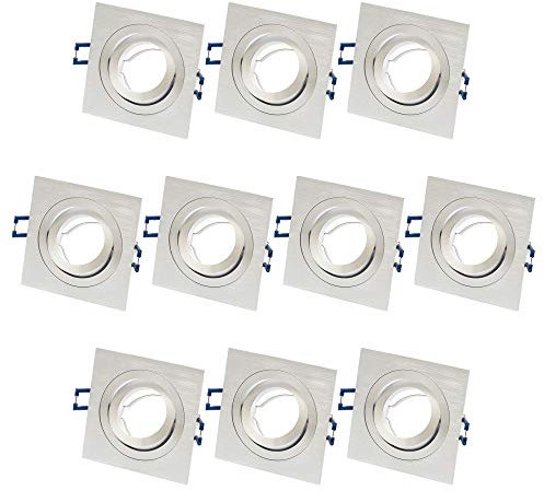 10x ALU Einbaustrahler GU10 Set – 10 Stück Aluminium Einbaurahmen Eckig in Silber gebürstet Optik Inkl. GU10 Fassung für LED oder Halogen Leuchtmittel, 30° Schwenkbar, Eckig, 230V