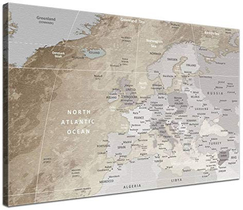 LANA KK – Europakarte Leinwandbild mit Korkrückwand zum pinnen der Reiseziele „Europakarte Beige” - englisch - Kunstdruck-Pinnwand Globus in braun, in 100x70cm