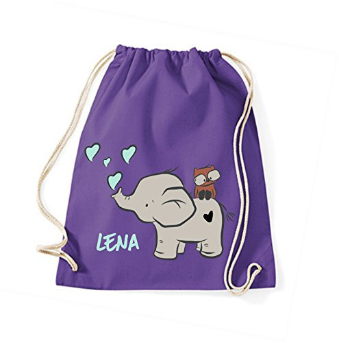 minimutz Stoffbeutel mit Name | inkl. NAMENSDRUCK | Motiv Elefant & Eule | personalisieren & bedrucken | Jungen und Mädchen lila grau (lila)