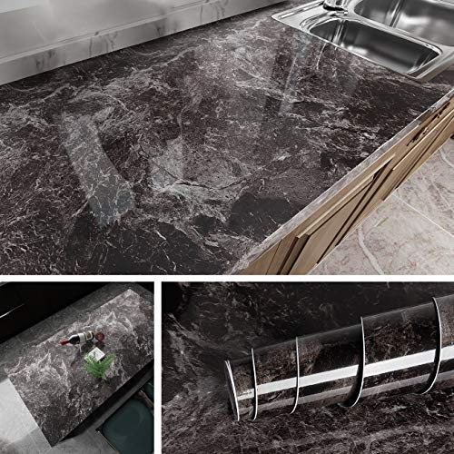 Livelynine Papier Peint Adhésif Marbre Noir Clair de 40CM*10M Papier Adhésif pour Meuble Cuisine Salon Bureau Revêtement Plan de Travail Adhésif Amovible Décoratif Imperméable