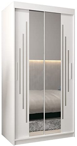 MEBLE KRYSPOL York 1 100 Schlafzimmerschrank mit Zwei Schiebetüren, Spiegel, Kleiderstange und Regalen – 100x200x62cm - Mattweiß