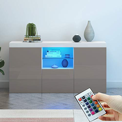 Panana High Gloss 3 Door Sideboard Cupboard with LED Lights Display Cabinet Storage Unit for Living Dining Room Bedroom Furniture (Grey+White)