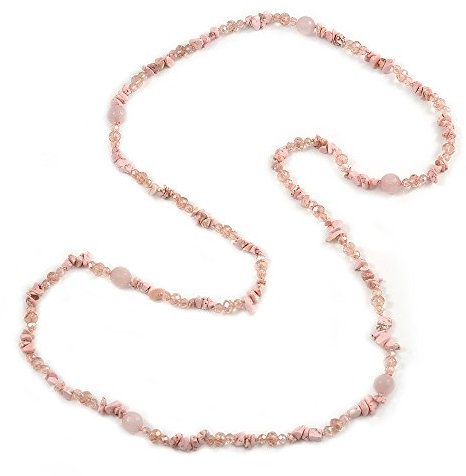 Collana lunga in pietra semipreziosa rosa pastello, agata e perline di cristallo di vetro, lunghezza 120 cm, Vetro