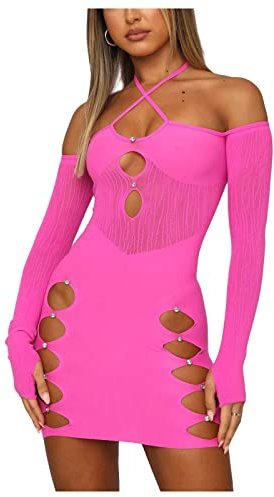 Ni_kadress44633 Ni_ka Robe Sexy Femme Club Libertin Mini Robes Courte Moulante Dress Coquine éRotique Ouverte Slim Dresses Noir Rouge Taille S à L Rose Vif