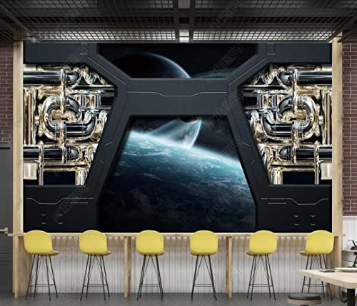 Fototapete 3D Tapete Raumschiff Bullauge Planet Foto Tapeten Wand Tapeten Vliestapete Modern Wandbilder Wohnzimmer