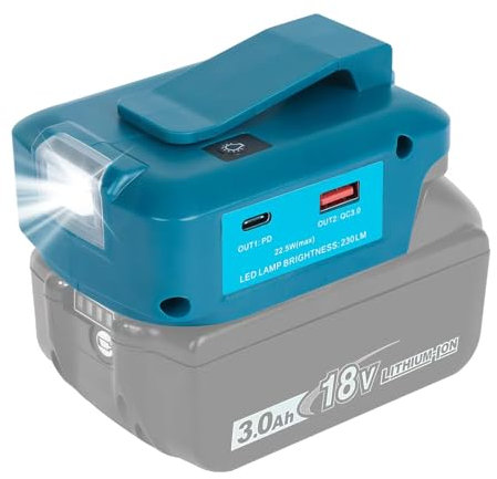 Waitley Adp05 Akku-USB-Adapter für Makita 14.4V & 18V Akkus mit LED-Arbeitslicht und Zwei USB-Ladeanschlüssen