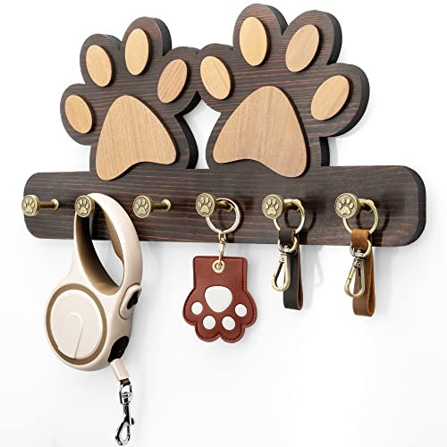 MTERSN Farmhouse Key Holder for Wall - Decorative Dog Leash Hanger Wall Mounted and Coat Rack with 6 Unique 3D Pet Claw Hooks - Dog Accessories Organizer for Rustic Home Decor (Dark Brown)