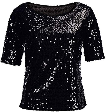 Pullover Damen Glitzer Shirt Kurzarm Oberteile Schön Glänzend Pailletten Tops Tshirt Damenbluse Mode Abend Party Wedding Glitzertop Bluse Tunika, Schwarz, XL