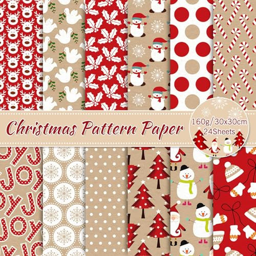 Whaline 24 Stück Weihnachtsmusterpapier, 30 x 30 cm, Kraftpapier, Rot, Scrapbook-Papier, doppelseitig, niedlich, Weihnachtsmann, Rentier, Schneemann, Bastelpapier, flach gefaltet, für selbstgemachte