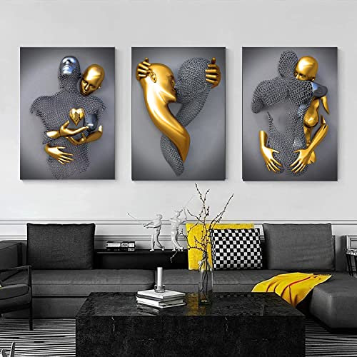 Schlafzimmer-Leinwand-Wandkunst, Dekoration, Silber und Gold, romantisch, küssend, Umarmung, Paar, Wohnzimmer, ungerahmtes Liebesbild-Set, 3D-abstraktes Familien-Metall-Skulptur-Bild für Zuhause