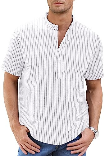 Mens Linen Shirts Casual Cotton Henley Neck Striped Shirt Summer Short Sleeve Shirts White L