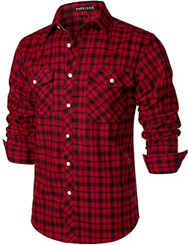 PARKLEES Chemise décontractée pour homme - Coupe droite - Boutonnée - Carreaux - En flanelle - Avec poches, bordeaux, M