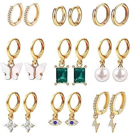 Dochais 9 Paar Gold Ohrringe Hängend für Damen Set Creolen 14K Vergoldet mit Cubic Zirkonia Perlen Anhänger Huggie Ohrringe Schmuck Piercing Geschenk Mädchen Frauen für Geburtstags hochzeit